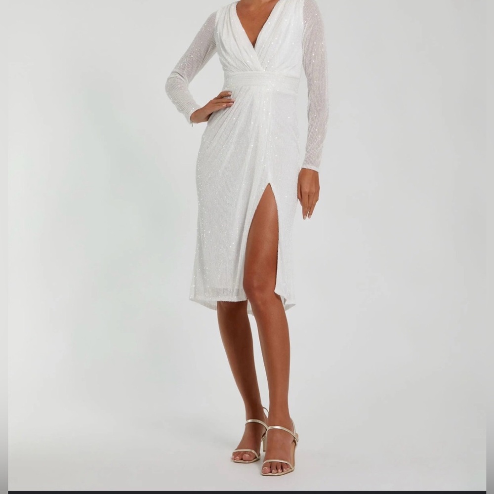 MAC DUGGAL White Long Sleeve Sequined Midi Dress